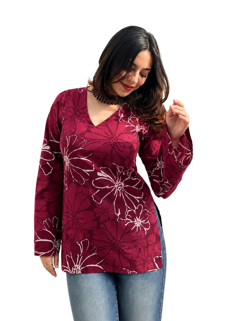 Women Rayon Printed Short Kurti for Women | Floral V Neck Short Kurta Top | Full Sleeve Casual Kurti for Girls & Women (Size : Wine, 2XL)