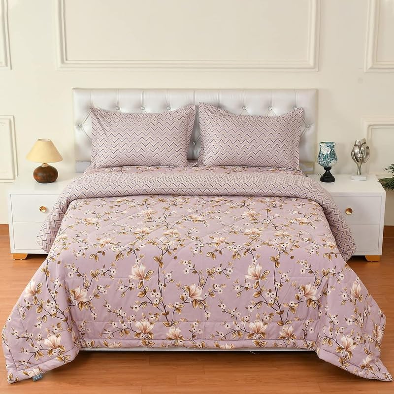 Mauve King Size Printed AC Comforter with 1 Bedsheet & 2 Pillow Covers | Ultra Soft 4 Pc Bedding Set