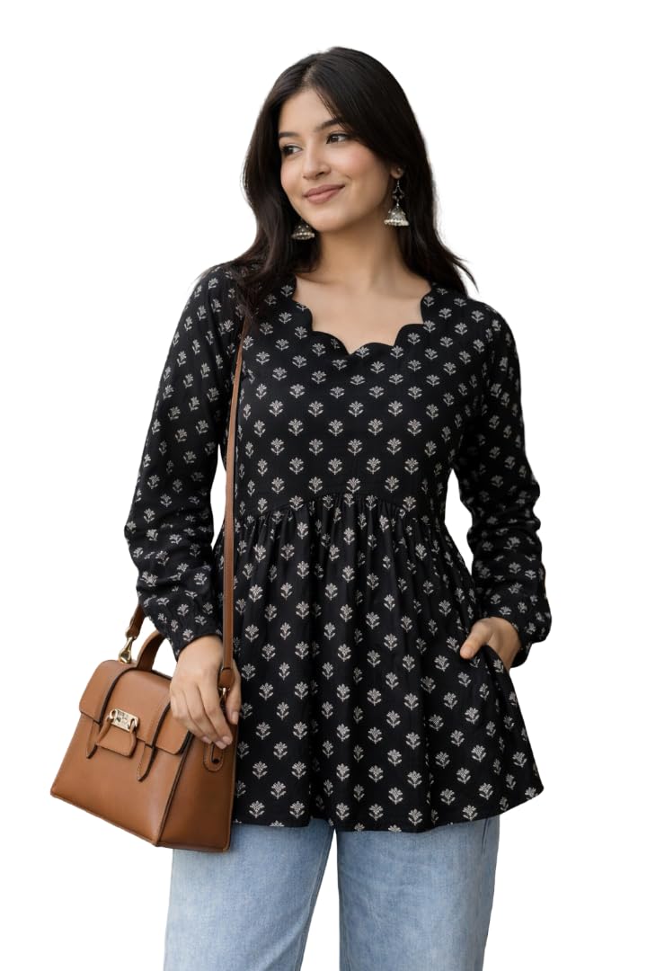 Women's Rayon Black Floral Block Print Kurti, Scallop Neckline, Full Sleeves, Gathered Fit (in, Alpha, 2XL, Regular)