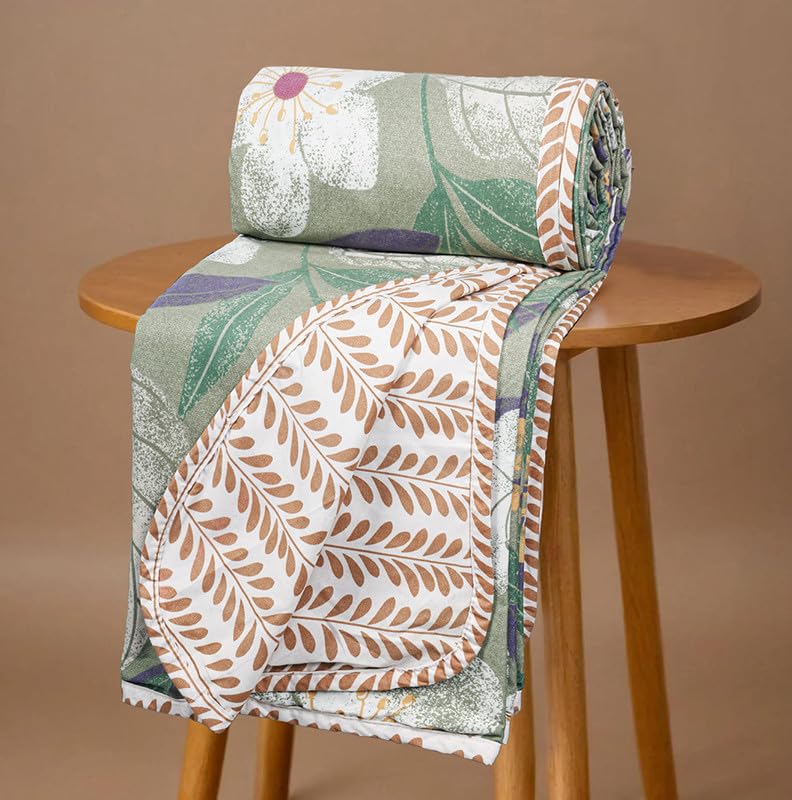 Pure Cotton 120 GSM Reversible Soft Lightweight Printed Single Bed Blanket/AC Dohar/Skin Friendly Dohar-152 x 225 cm - Light Green & Beige