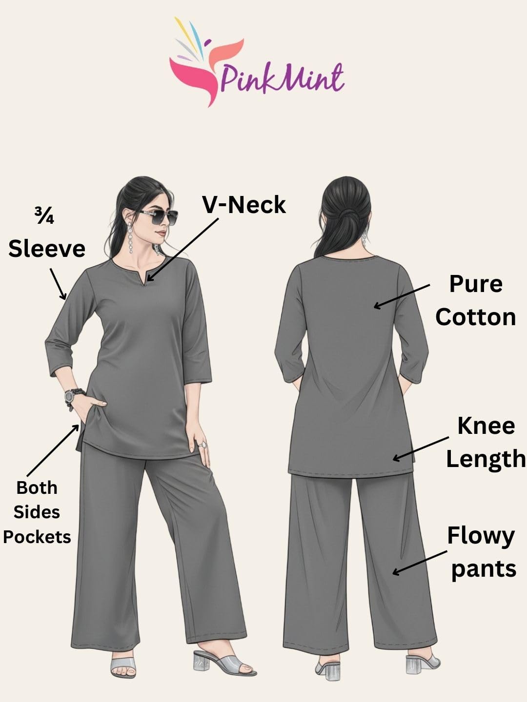 Pinkmint Women's Pure Cotton Co Ord Set l Kurta Sets for Women |Kurta Sets| Printed Kurta with Pant l Stylish Pocket & 3/4 Sleeve Women Co-ord Set (Avaiable in Plus size)