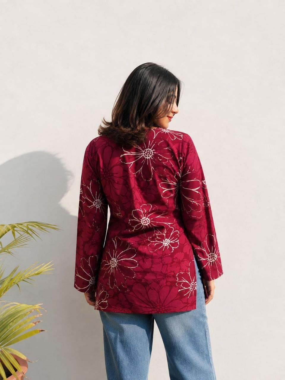 Women Rayon Printed Short Kurti for Women | Floral V Neck Short Kurta Top | Full Sleeve Casual Kurti for Girls & Women (Size : Wine, 2XL)