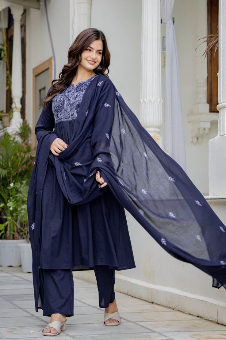 Women's Cotton Anarkali Embroidered Kurta Palazzo Pant Dupatta Set for Women, 3 Piece Kurti Set with Dupatta Straight Kurta Set for Party, Office Wear Ethnic Salwar Suit - Blue, 3XL-46