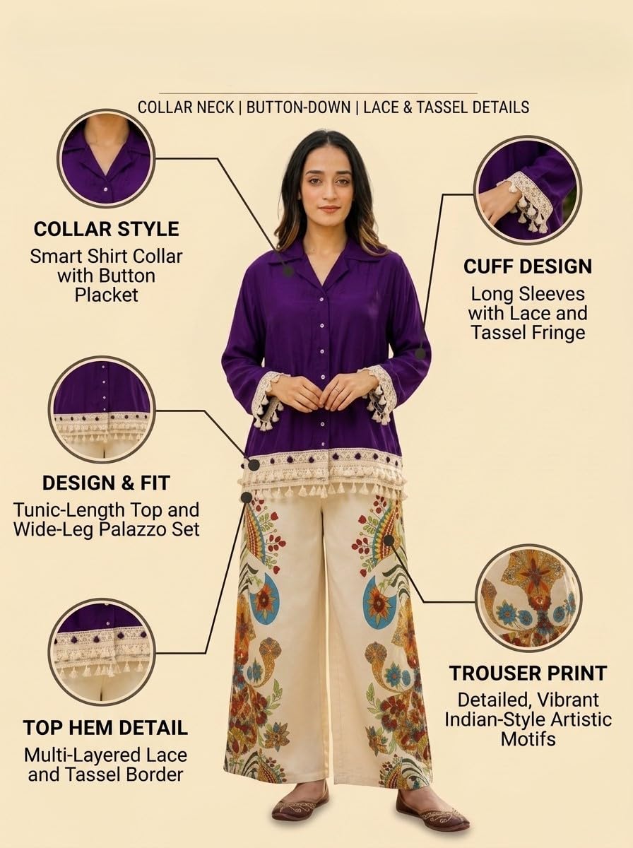 ROYALICA Co Ord Set for Women Stylish Card Set Dress for Women Trendy Top with Plazo Pant Ladies Coord Outfit (in, Alpha, L, Regular, Standard, purpal)