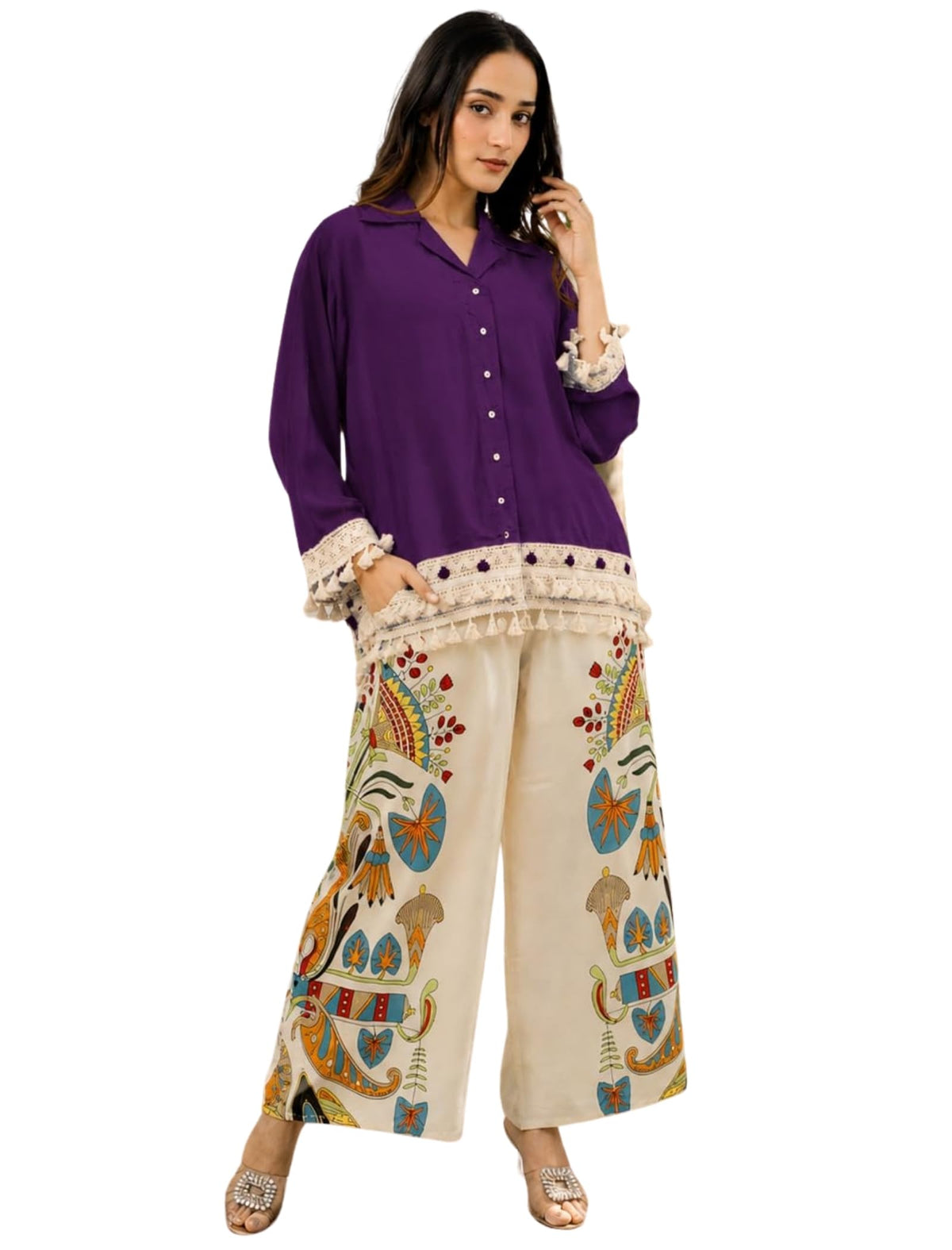 ROYALICA Co Ord Set for Women Stylish Card Set Dress for Women Trendy Top with Plazo Pant Ladies Coord Outfit (in, Alpha, L, Regular, Standard, purpal)