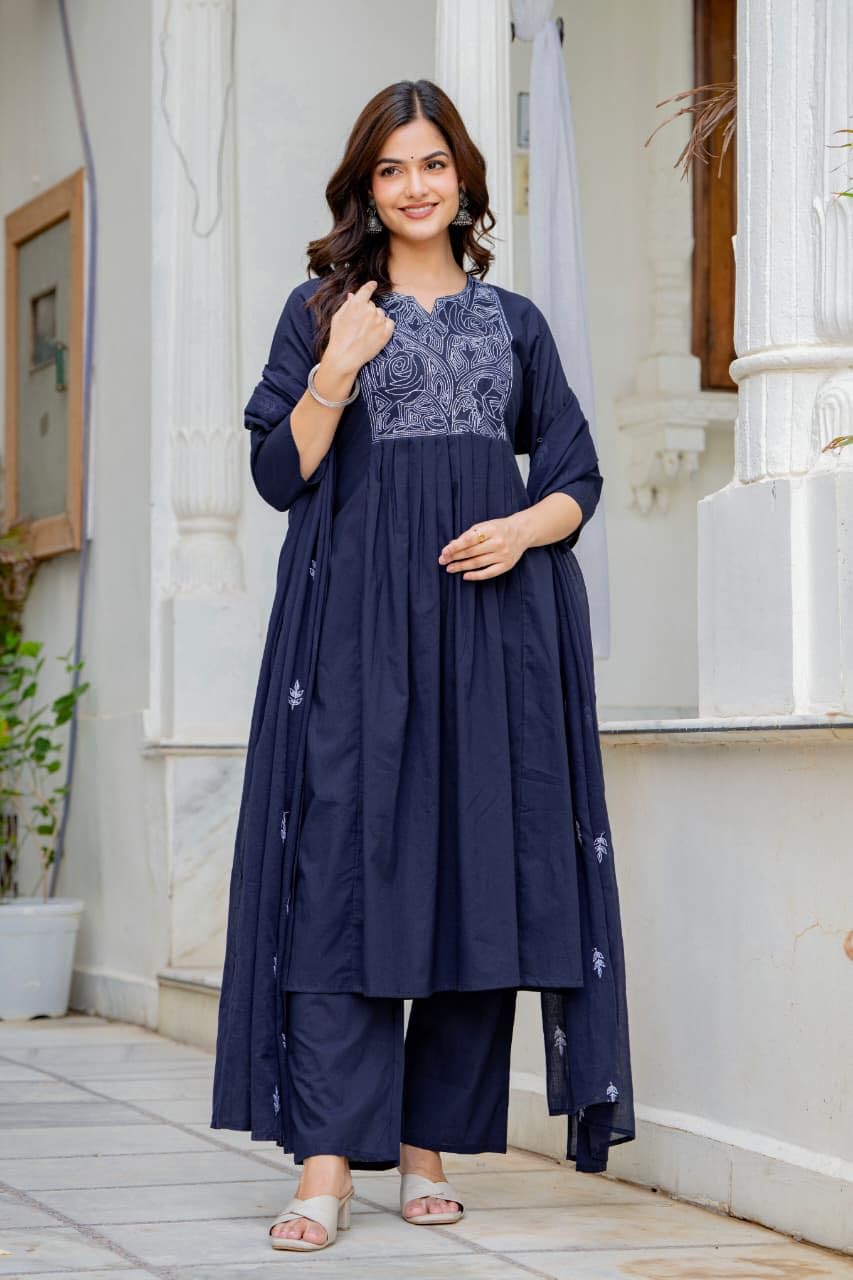 Women's Cotton Anarkali Embroidered Kurta Palazzo Pant Dupatta Set for Women, 3 Piece Kurti Set with Dupatta Straight Kurta Set for Party, Office Wear Ethnic Salwar Suit - Blue, 3XL-46