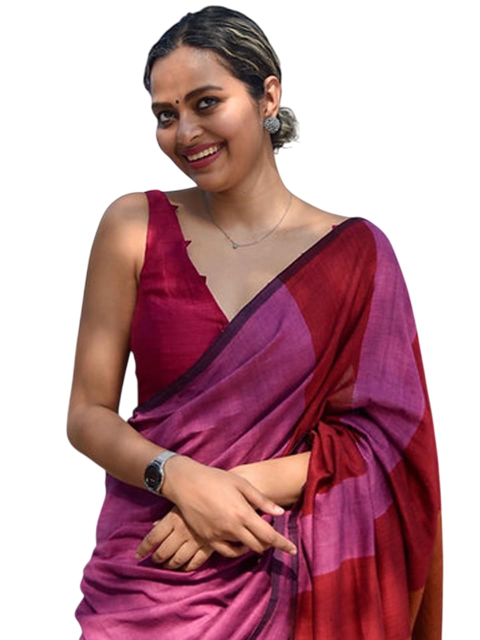 BEAUTY SAREE Women Cotton Saree With Blouse Piece., Multicolor 5.5 Meter With Running Blouse (PINK-BROWN)