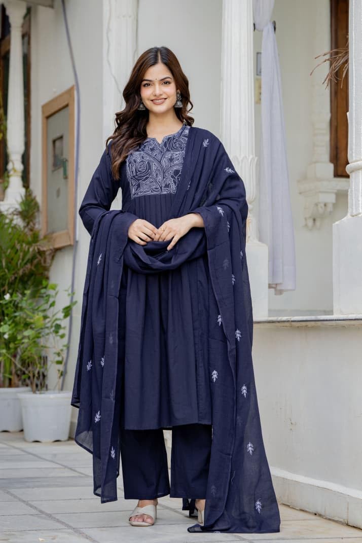Women's Cotton Anarkali Embroidered Kurta Palazzo Pant Dupatta Set for Women, 3 Piece Kurti Set with Dupatta Straight Kurta Set for Party, Office Wear Ethnic Salwar Suit - Blue, 3XL-46