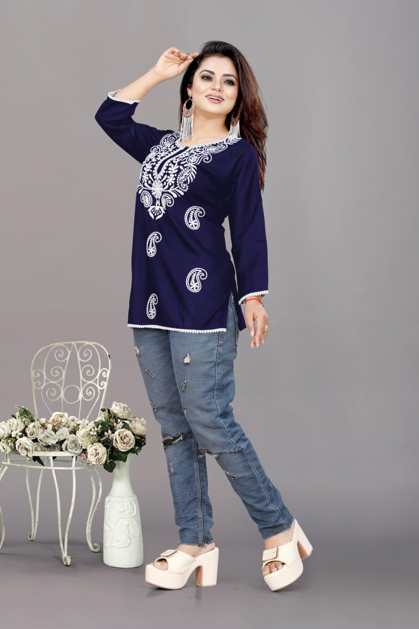 Smasum Women's Rayon Short Chikankari Kurti Elegant Embroidered Ethnic Tunic, Lakhnawi Tunic Kurta Design for Ladies, Woman Ethnic Kurthis & Shirt with Sleeve, Plain Straight Embroidery kurti
