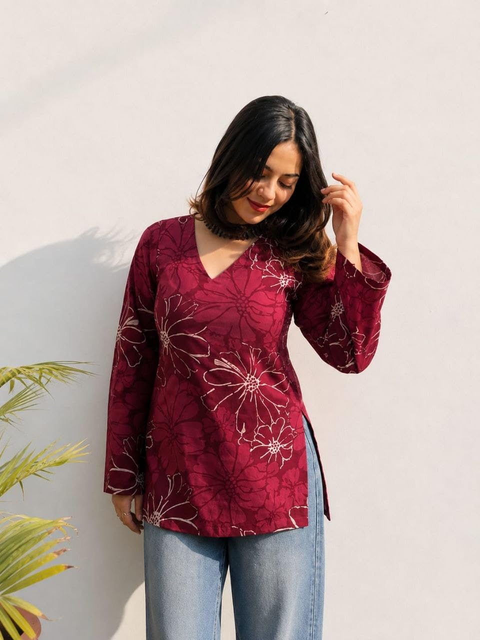 Women Rayon Printed Short Kurti for Women | Floral V Neck Short Kurta Top | Full Sleeve Casual Kurti for Girls & Women (Size : Wine, 2XL)