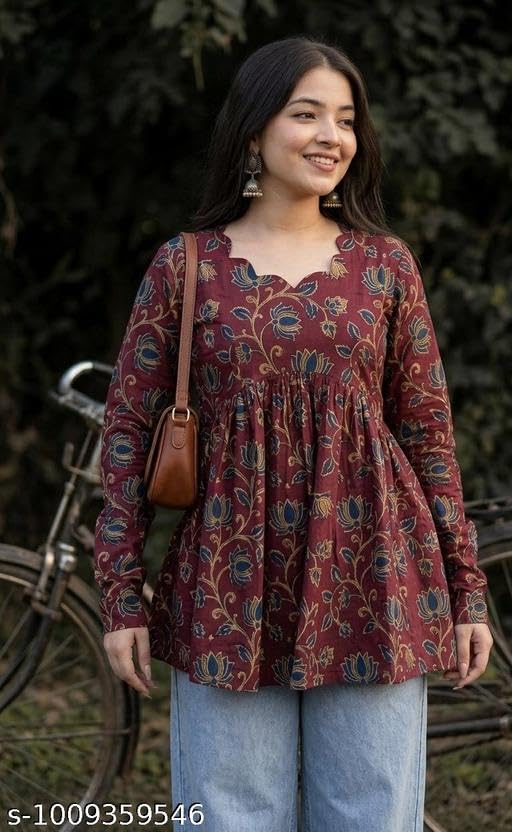Printed Fancy Neck Cotton Blend Top Short Kurti for Womens Kalamkari Printed Short top Peplum Top Short Flared Tunics for Womens Color Short Kurtis for Jeans Size M