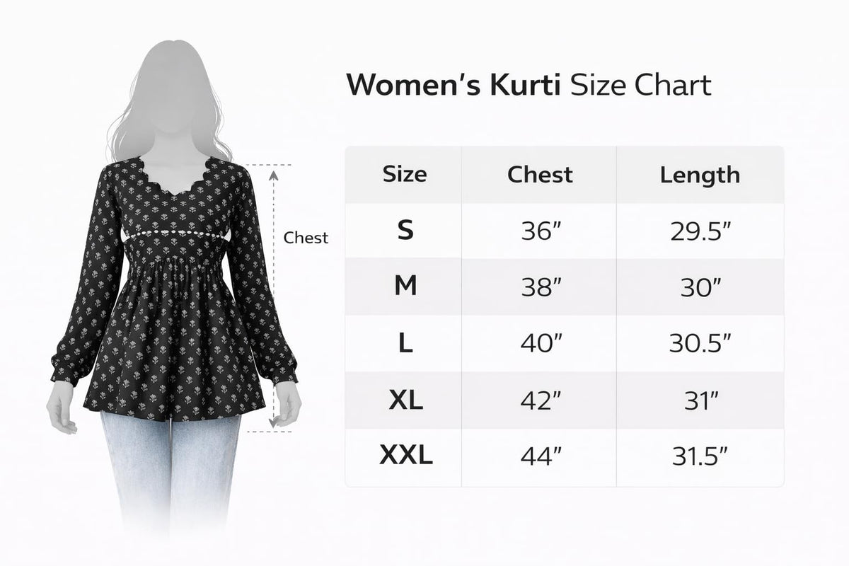 Women's Rayon Black Floral Block Print Kurti, Scallop Neckline, Full Sleeves, Gathered Fit (in, Alpha, 2XL, Regular)