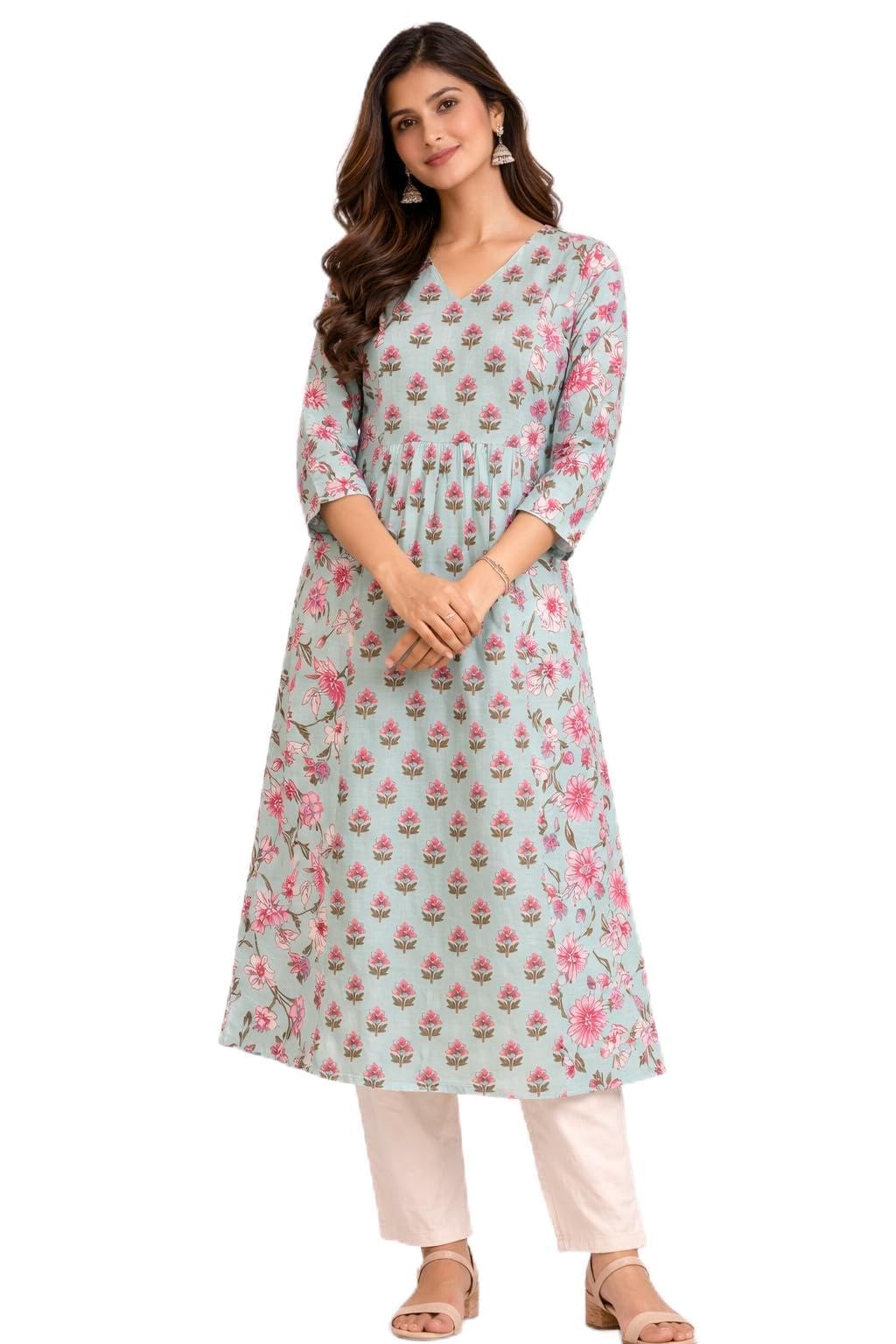 LABEL AMATA Women Handcrafted Floral Printed Cotton Kurti | A-Line V-Neck Kurta with Front Pleats & 3/4 Sleeves | Soft Breathable Cotton Kurta, Office (in, Alpha, S, Standard, Light Blue)