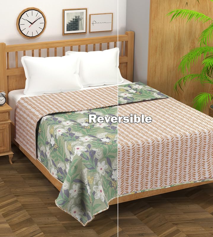 Pure Cotton 120 GSM Reversible Soft Lightweight Printed Single Bed Blanket/AC Dohar/Skin Friendly Dohar-152 x 225 cm - Light Green & Beige
