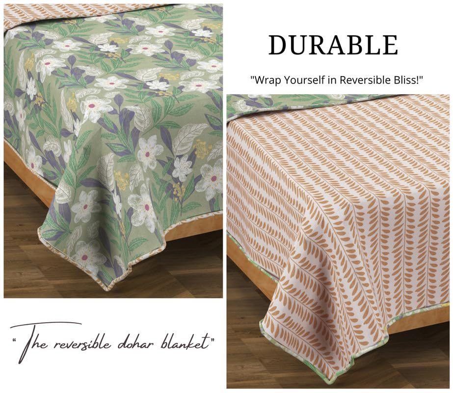 Pure Cotton 120 GSM Reversible Soft Lightweight Printed Single Bed Blanket/AC Dohar/Skin Friendly Dohar-152 x 225 cm - Light Green & Beige