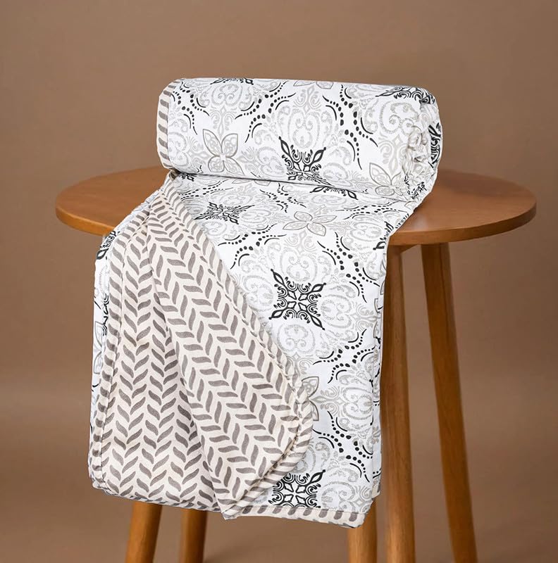 Pure Cotton 120 GSM Reversible Soft Lightweight Printed Single Bed Blanket/AC Dohar/Skin Friendly Dohar-152 x 225 cm - Off White & Black