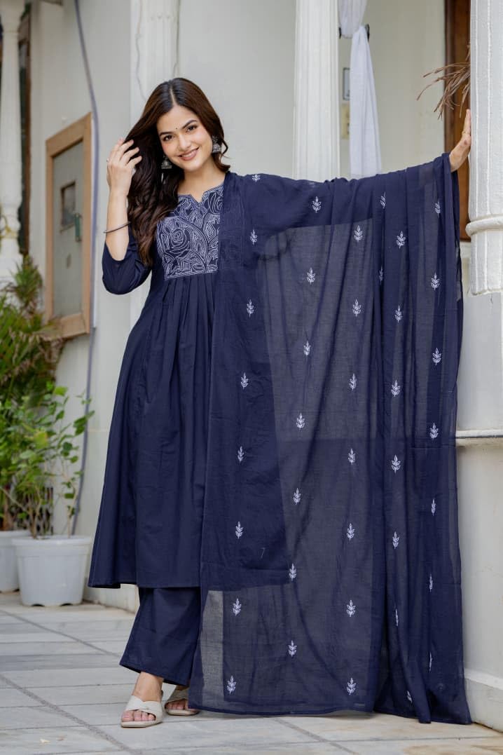 Women's Cotton Anarkali Embroidered Kurta Palazzo Pant Dupatta Set for Women, 3 Piece Kurti Set with Dupatta Straight Kurta Set for Party, Office Wear Ethnic Salwar Suit - Blue, 3XL-46