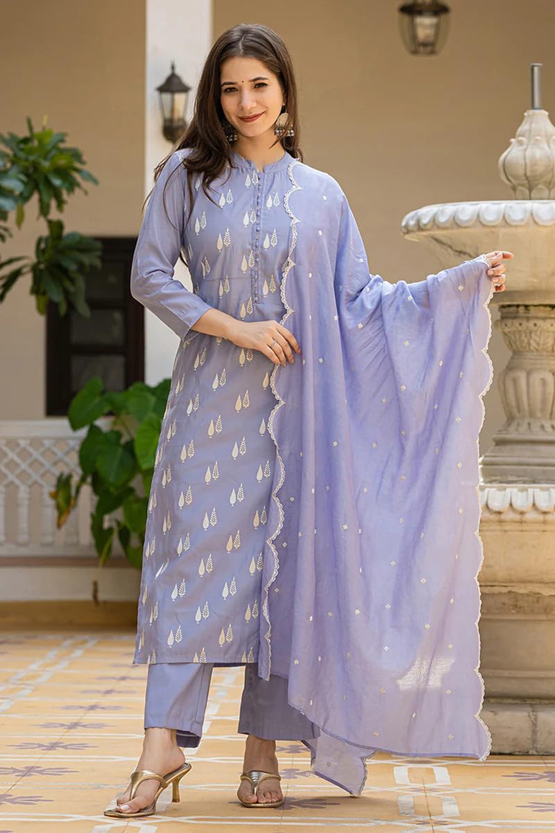 Women's Silk Blend Solid Straight Kurta Pant with Dupatta Set