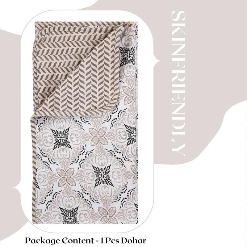 Pure Cotton 120 GSM Reversible Soft Lightweight Printed Single Bed Blanket/AC Dohar/Skin Friendly Dohar-152 x 225 cm - Off White & Black