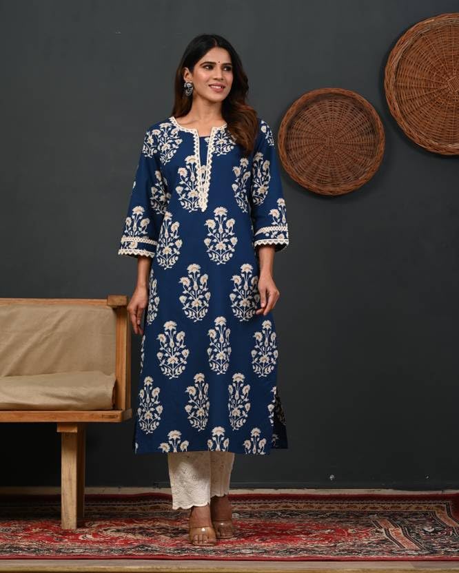 FIRSTRAIN Women Cotton Straight Printed Kurti | Soft Breathable Kurta for Office & Casual Use | | Trendy Festive & Regular Wear Cotton Kurti (in, Alpha, 3XL, Regular, Blue)