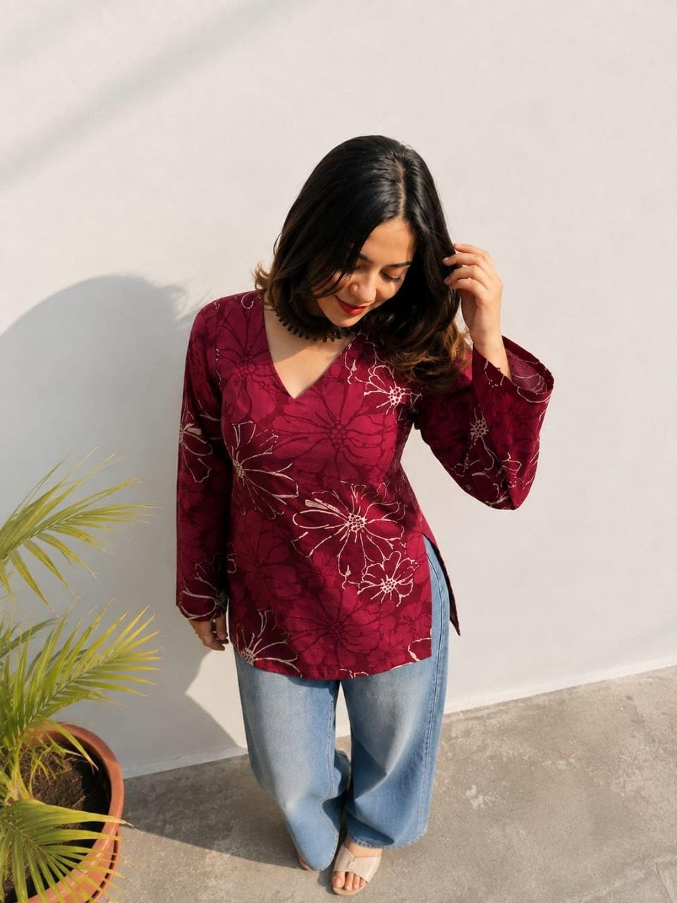Women Rayon Printed Short Kurti for Women | Floral V Neck Short Kurta Top | Full Sleeve Casual Kurti for Girls & Women (Size : Wine, 2XL)