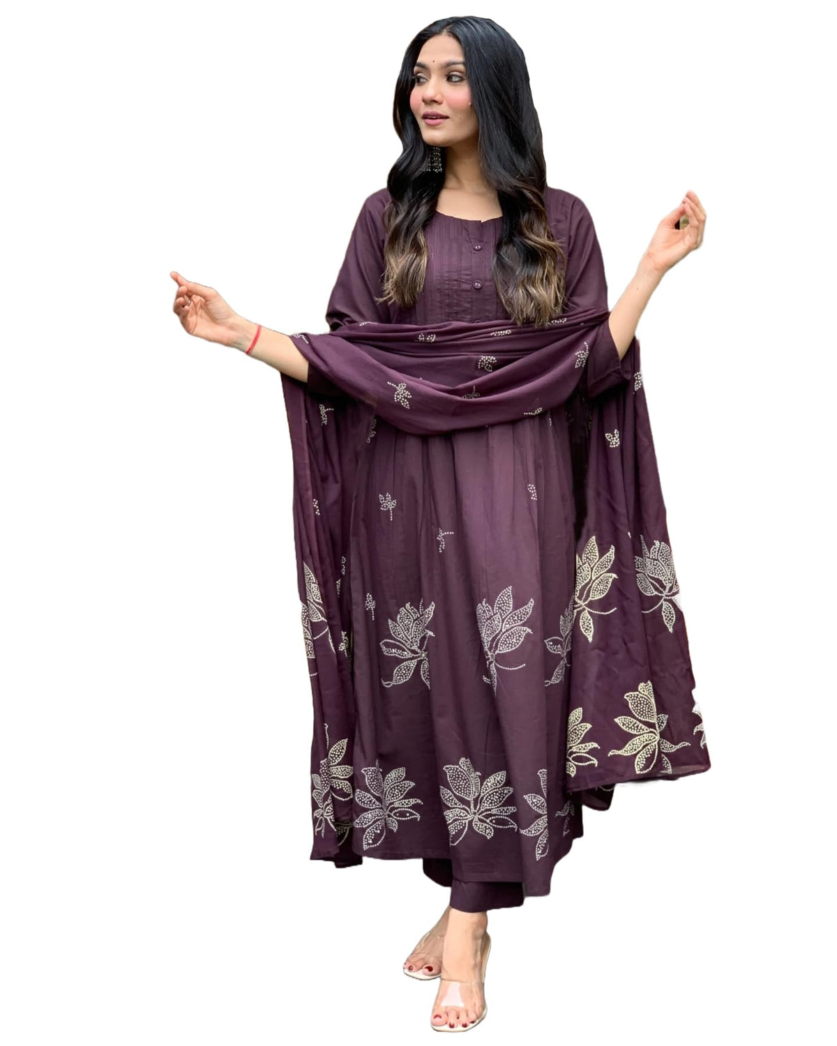 Women's Rayon Blend Anarkali Printed Kurta with Pant & Dupatta (Gangori Wine-GS_L_Wine_Large)