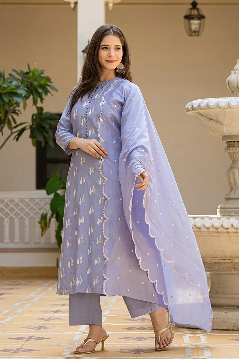 Women's Silk Blend Solid Straight Kurta Pant with Dupatta Set