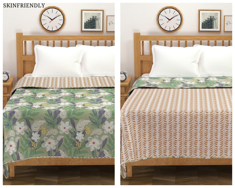 Pure Cotton 120 GSM Reversible Soft Lightweight Printed Single Bed Blanket/AC Dohar/Skin Friendly Dohar-152 x 225 cm - Light Green & Beige