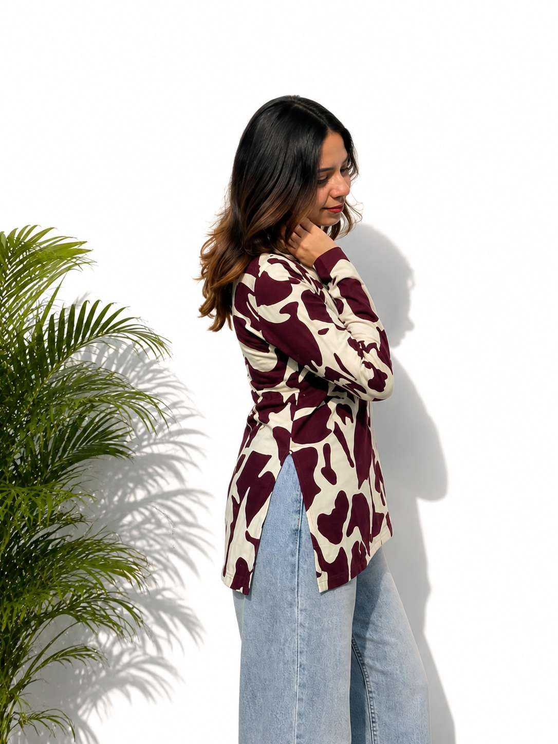 Women Rayon Printed Short Kurti for Women | Floral V Neck Short Kurta Top | Full Sleeve Casual Kurti for Girls & Women (Size : Marron, 2XL)