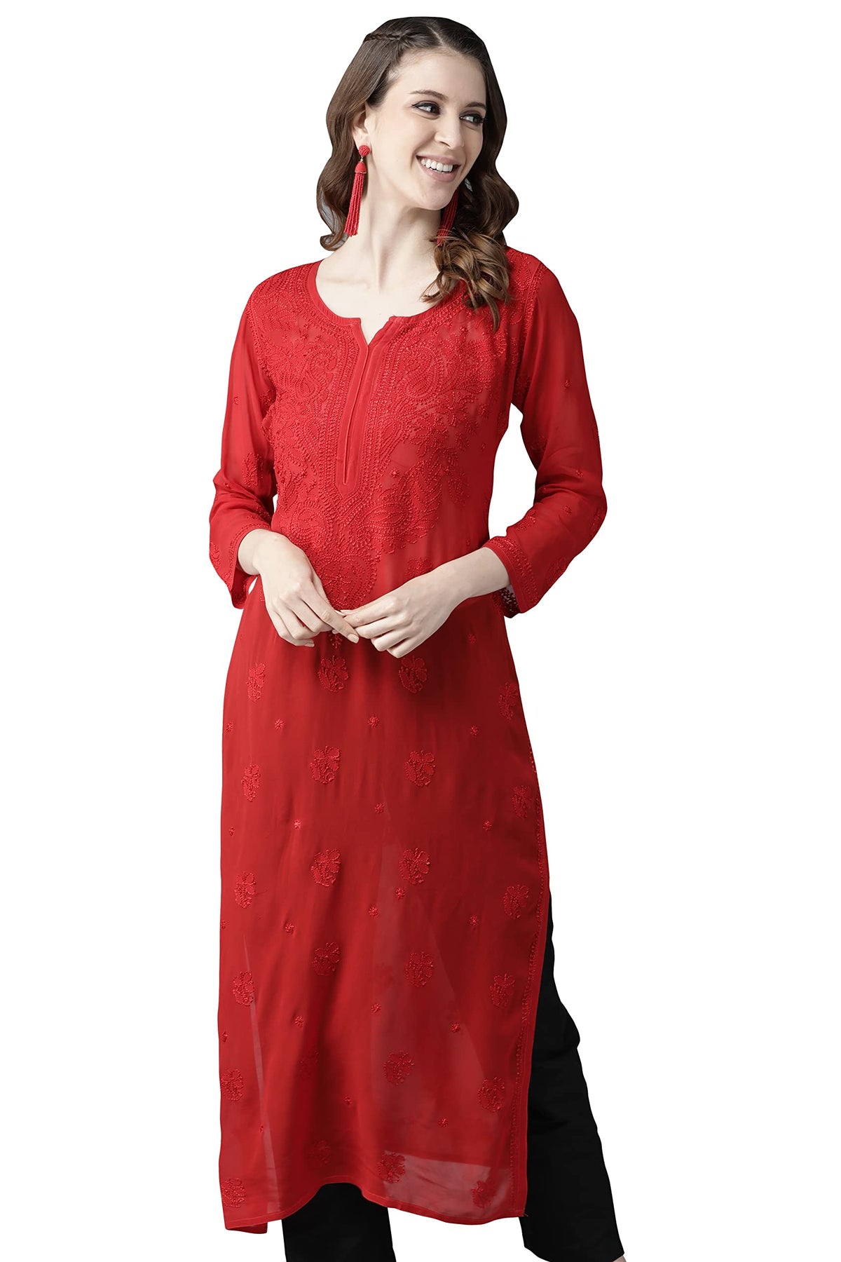 Ada Hand Embroidered Chikankari Red Viscose Kurta for Women A411184 (M)