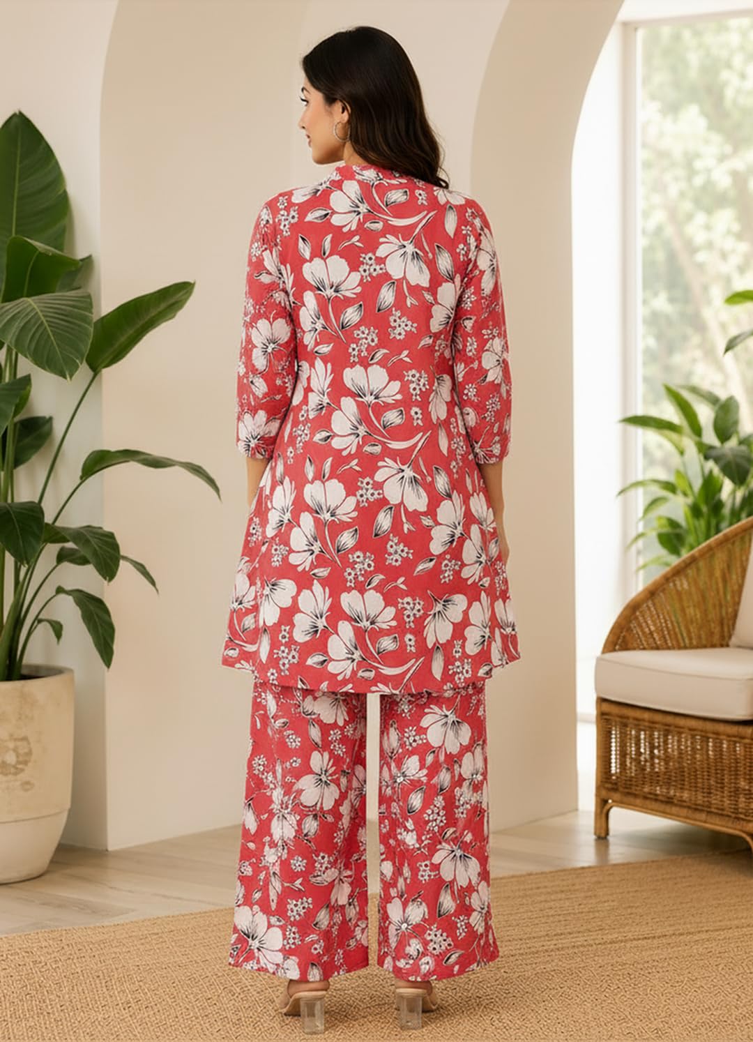 QUEEN ELLIE Co-Ord Set for Women with Floral Print | Long Shirt and Wide Leg Palazzo Combo | 2 Piece Coord Set for Women Red
