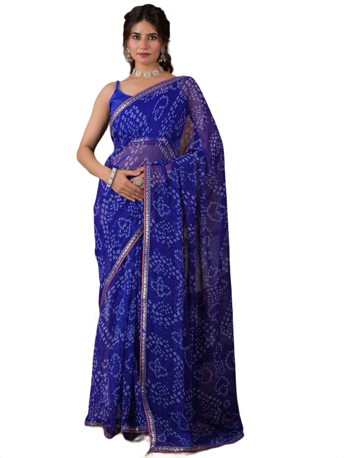 SIRIL Women's Chiffon Bandhani Printed Saree with Unstitched Blouse Piece (5337S221_Blue)