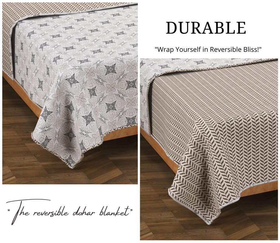 Pure Cotton 120 GSM Reversible Soft Lightweight Printed Single Bed Blanket/AC Dohar/Skin Friendly Dohar-152 x 225 cm - Off White & Black