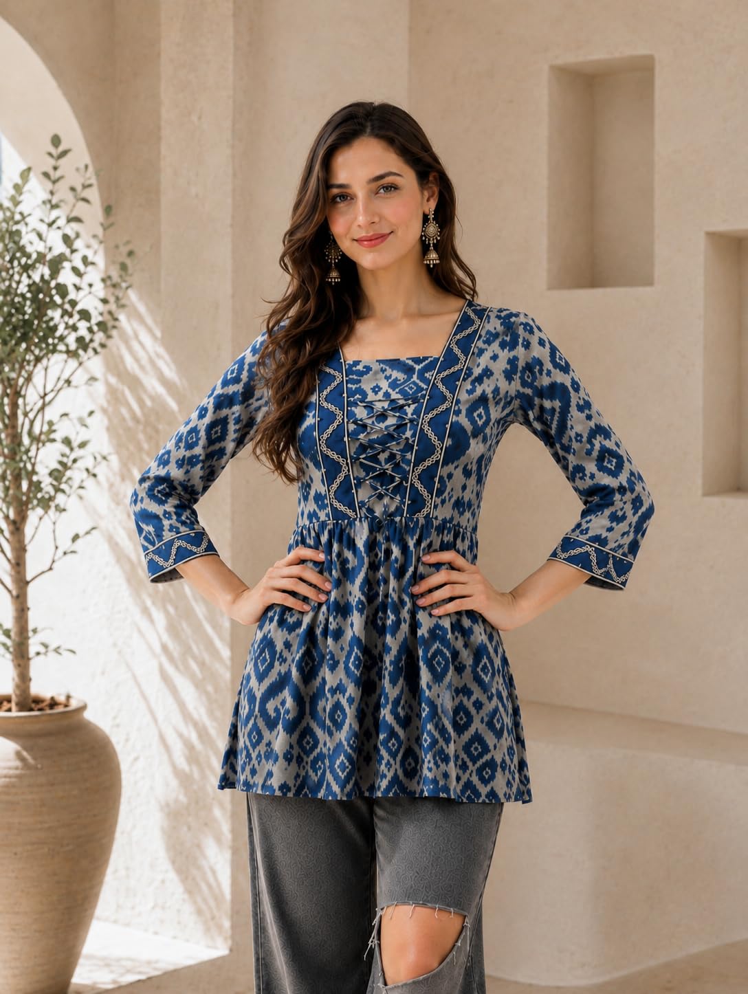 BANDRAGIRLS Womens Cotton Printed Peplum Short Kurti | Blue Geometric Gathered Tunic Top | Square Neck Lace Up Ethnic Wear