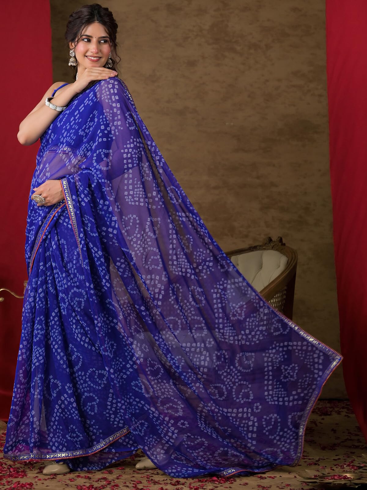 SIRIL Women's Chiffon Bandhani Printed Saree with Unstitched Blouse Piece (5337S221_Blue)