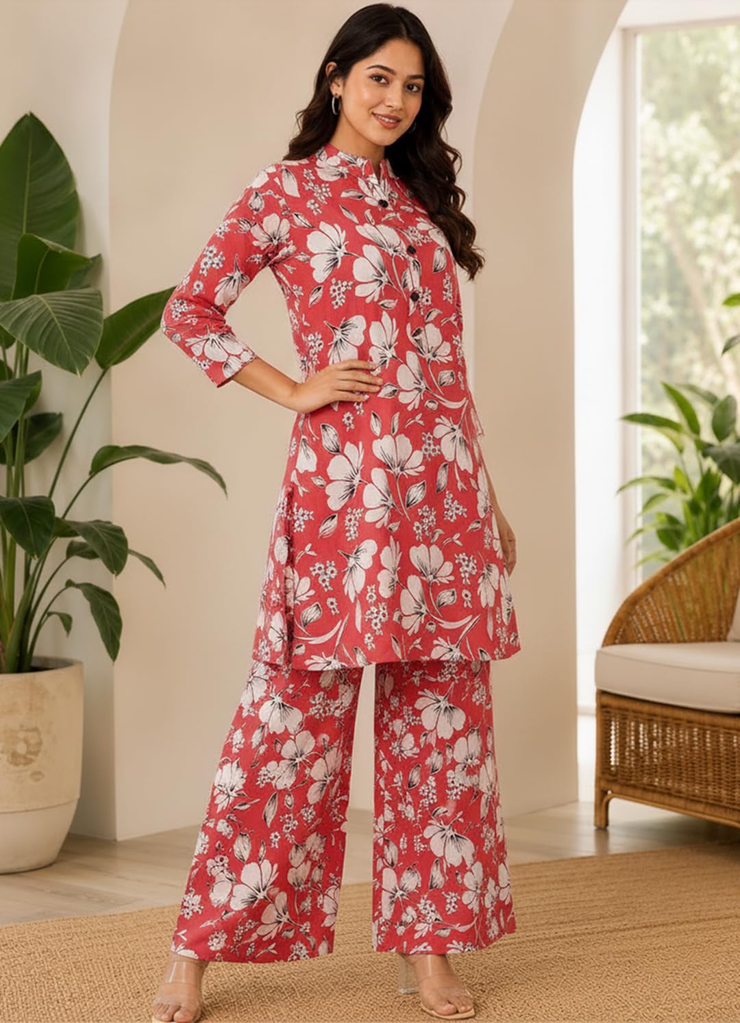 QUEEN ELLIE Co-Ord Set for Women with Floral Print | Long Shirt and Wide Leg Palazzo Combo | 2 Piece Coord Set for Women Red