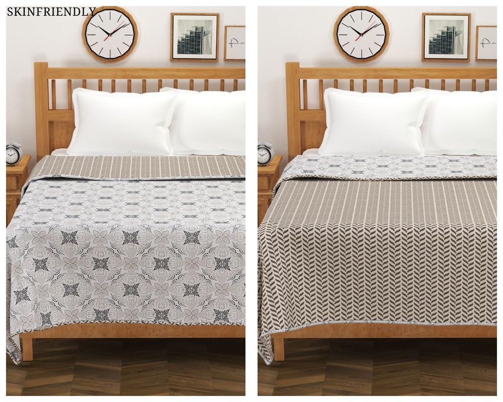 Pure Cotton 120 GSM Reversible Soft Lightweight Printed Single Bed Blanket/AC Dohar/Skin Friendly Dohar-152 x 225 cm - Off White & Black