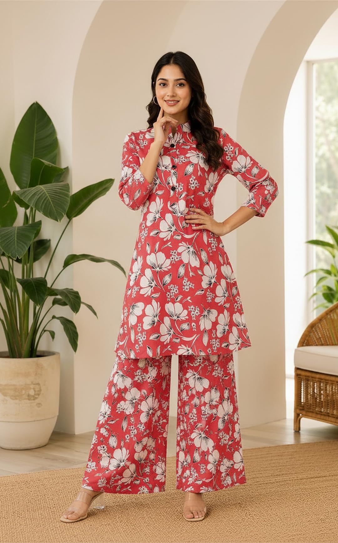 QUEEN ELLIE Co-Ord Set for Women with Floral Print | Long Shirt and Wide Leg Palazzo Combo | 2 Piece Coord Set for Women Red