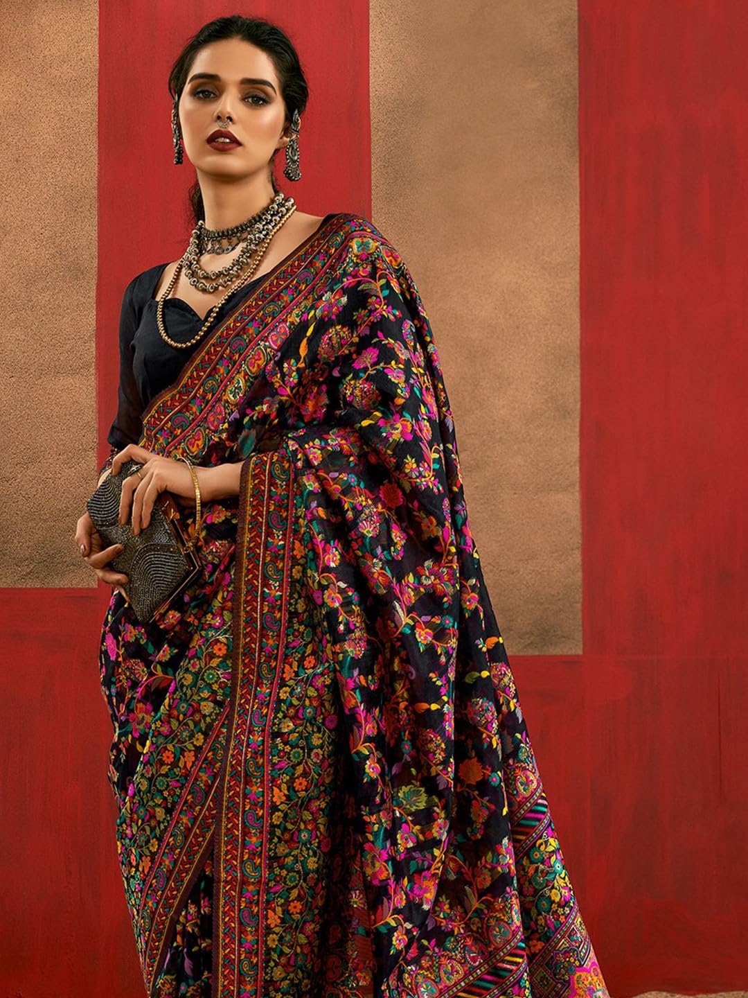 AAHLYO WOMEN'S Kashmiri Jal Cotton Patola Saree for Women | Cotton Saree | Sarees with Unstitched Blouse (BLACK)
