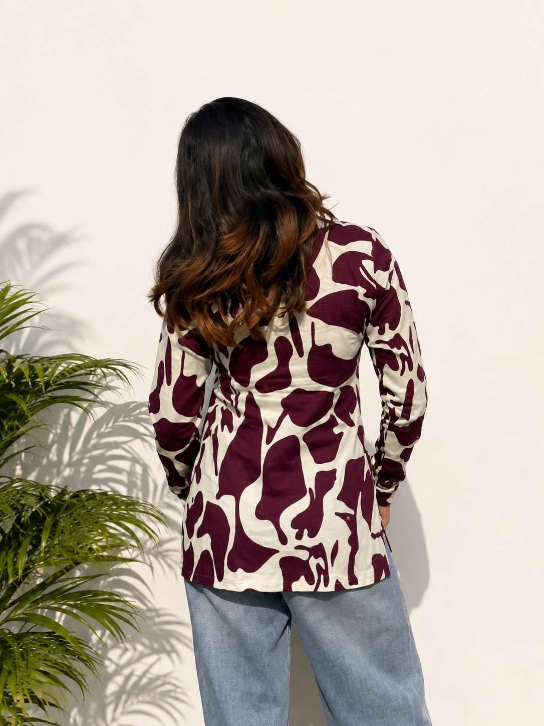 Women Rayon Printed Short Kurti for Women | Floral V Neck Short Kurta Top | Full Sleeve Casual Kurti for Girls & Women (Size : Marron, 2XL)