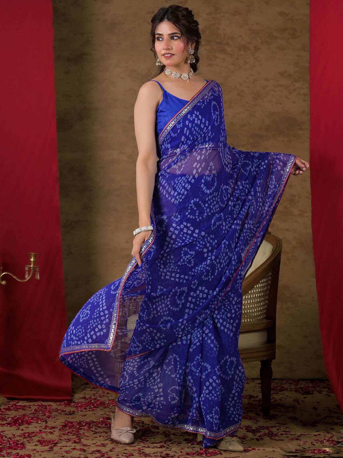 SIRIL Women's Chiffon Bandhani Printed Saree with Unstitched Blouse Piece (5337S221_Blue)