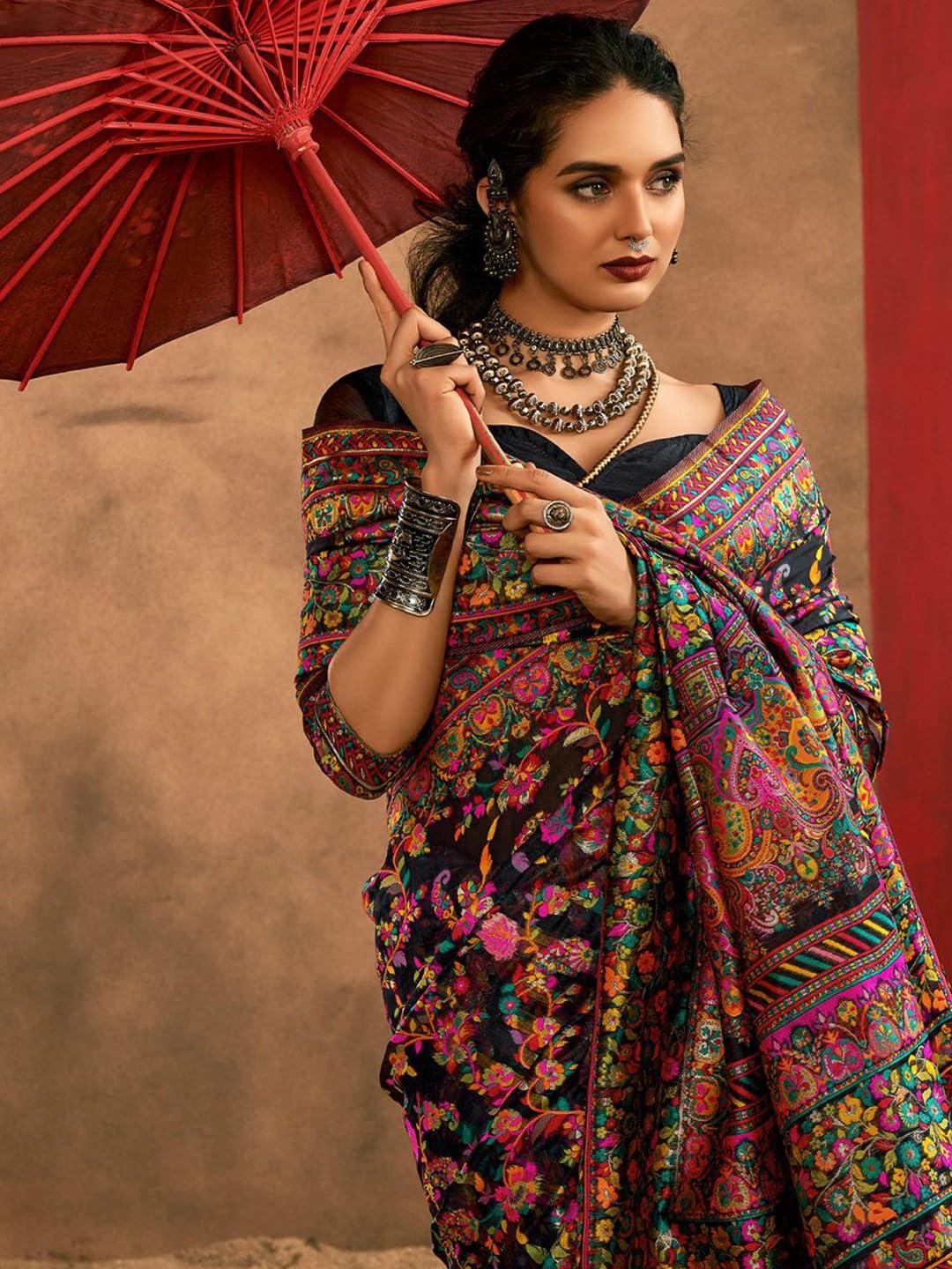 AAHLYO WOMEN'S Kashmiri Jal Cotton Patola Saree for Women | Cotton Saree | Sarees with Unstitched Blouse (BLACK)