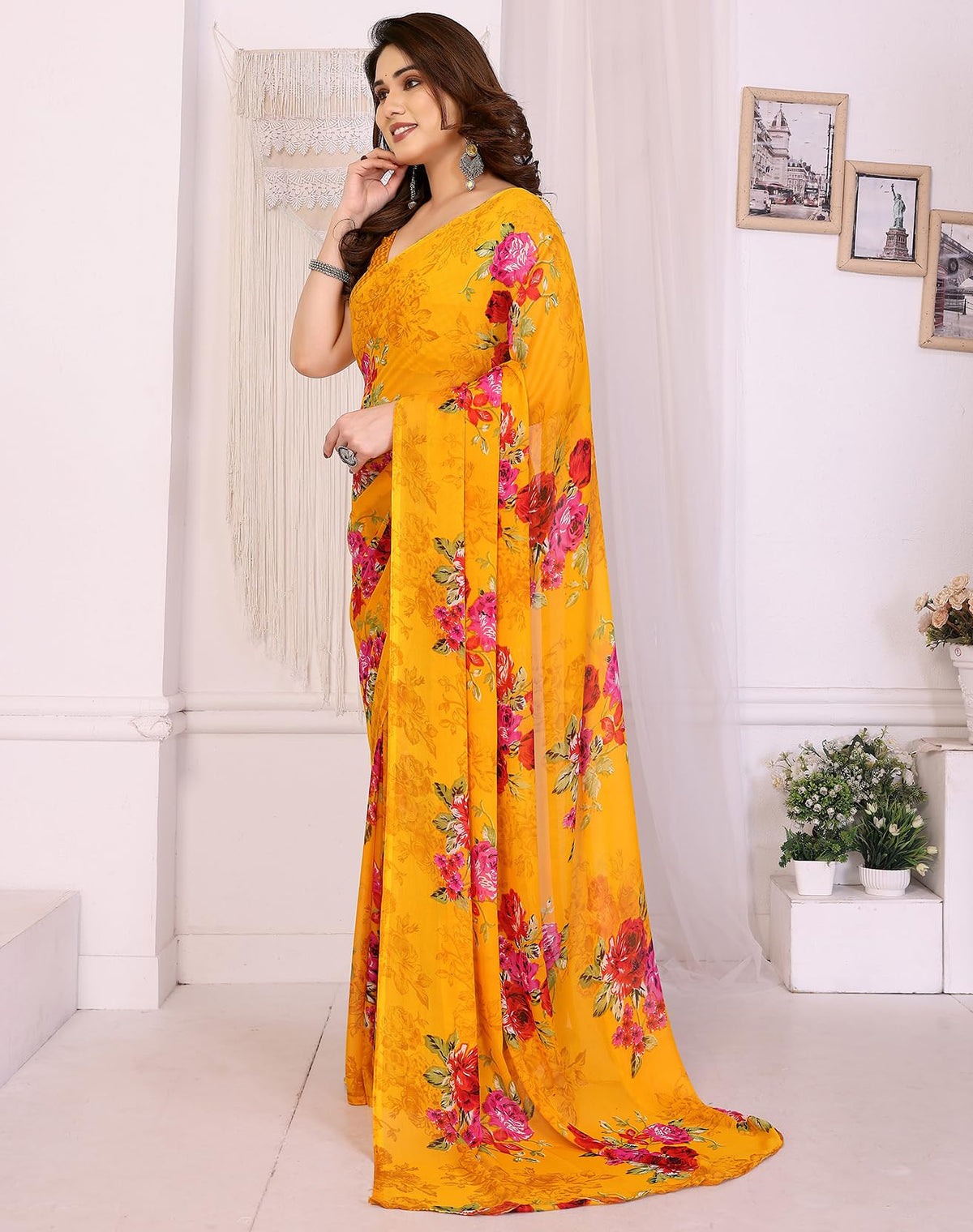 Yashika Women Georgette Floral Printed Saree Blouse Material |saree for Women | Saree | New Sari | Latest Saree_AZ-YS-P12-APEXA YELLOW
