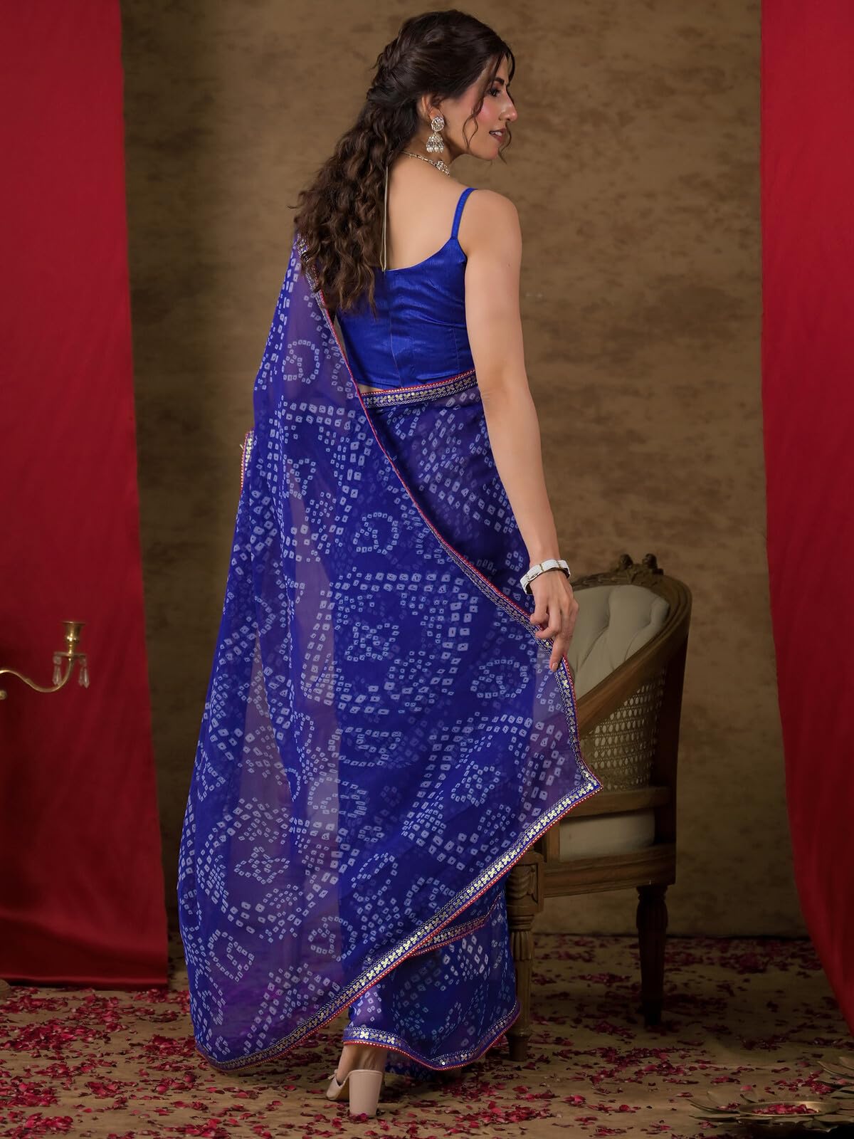 SIRIL Women's Chiffon Bandhani Printed Saree with Unstitched Blouse Piece (5337S221_Blue)