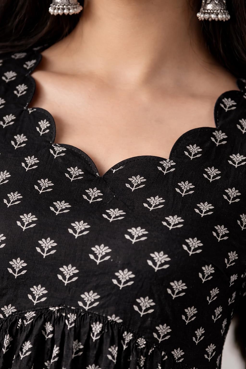 Women's Rayon Black Floral Block Print Kurti, Scallop Neckline, Full Sleeves, Gathered Fit (in, Alpha, 2XL, Regular)