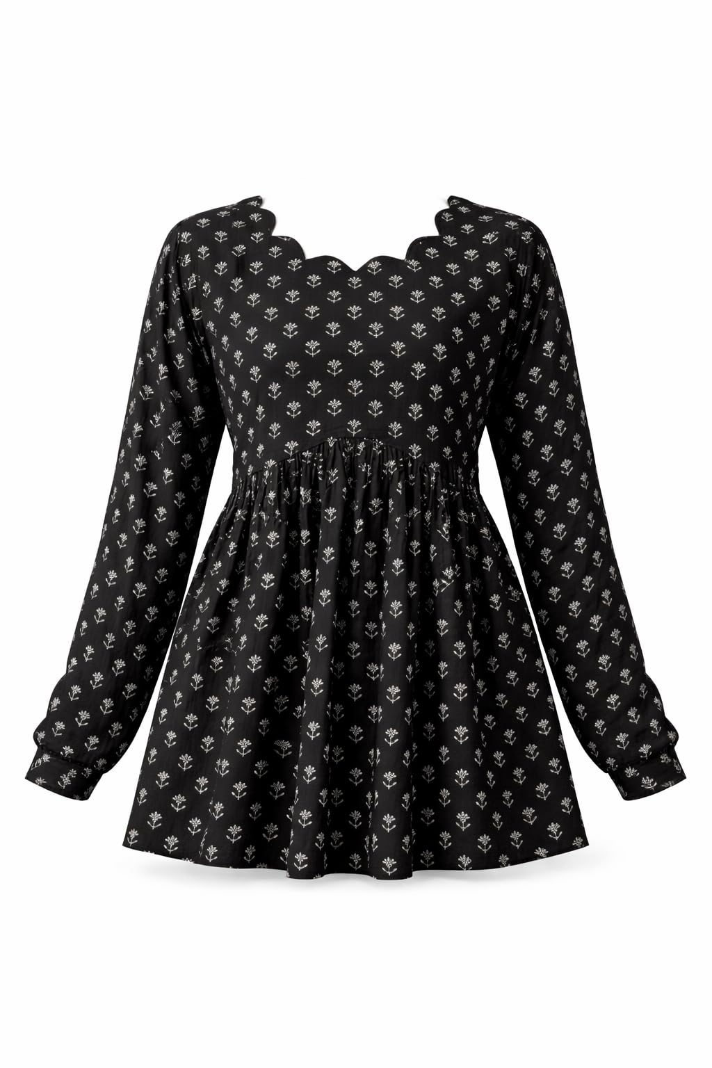 Women's Rayon Black Floral Block Print Kurti, Scallop Neckline, Full Sleeves, Gathered Fit (in, Alpha, 2XL, Regular)
