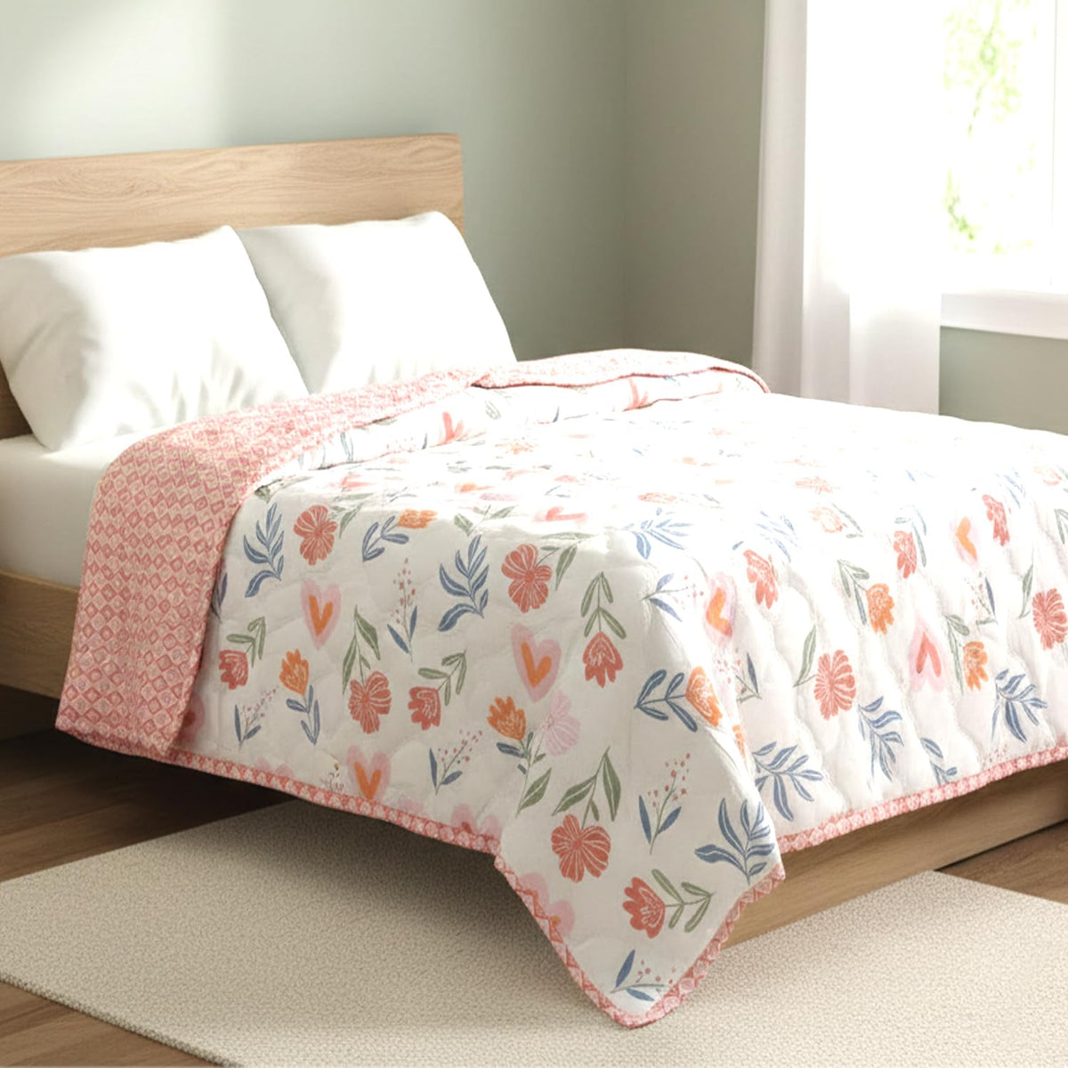 Double Bed Comforter Reversible Soft Microfiber AC Quilt, Floral & Heart Print, All Season Blanket