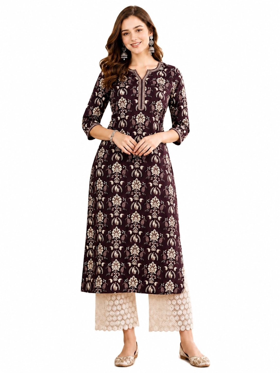 BANDRAGIRLS Womens Maroon Floral Printed Straight Kurti | Everyday Ethnic Wear