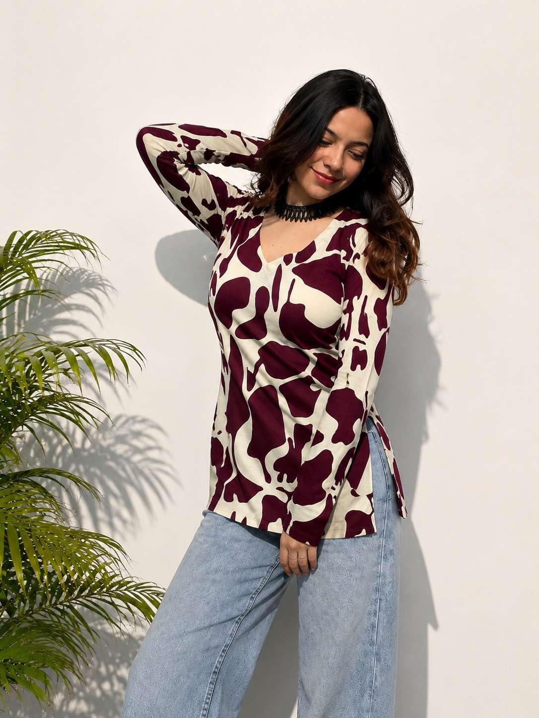 Women Rayon Printed Short Kurti for Women | Floral V Neck Short Kurta Top | Full Sleeve Casual Kurti for Girls & Women (Size : Marron, 2XL)