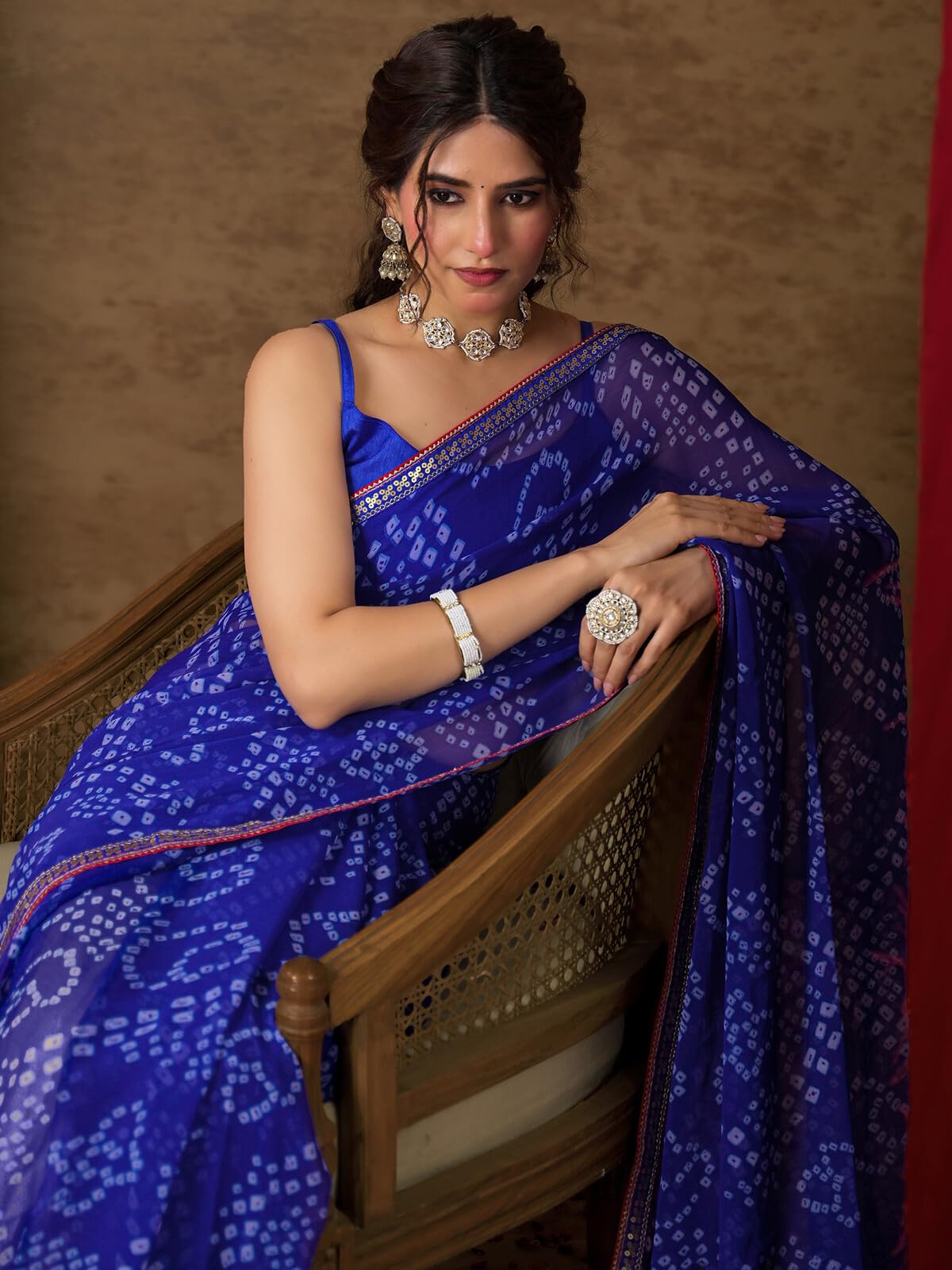 SIRIL Women's Chiffon Bandhani Printed Saree with Unstitched Blouse Piece (5337S221_Blue)